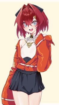 1girl :d ange_katrina ange_katrina_(summer_casual) ayuko_ammobium bare_shoulders belt black_bow black_shorts blue_eyes blush bow collared_halterneck collared_shirt commentary_request cowboy_shot crossed_bangs dot_nose flat_chest gold_necklace gradient_eyes hair_between_eyes hair_bow hair_intakes hair_ornament hand_up high-waist_shorts highres jacket jewelry long_bangs looking_at_viewer medium_hair multicolored_eyes necklace nijisanji open_mouth partially_open_jacket pink_eyes pleated_shorts red_hair red_jacket shirt shirt_tucked_in shorts simple_background sleeves_past_wrists smile solo teeth triangle_hair_ornament twitter_username upper_teeth_only virtual_youtuber white_belt white_shirt yellow_background