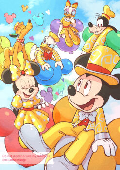 2girls 4boys absurdres animal_ears bow daisy_duck donald_duck dress duck_boy duck_girl gamorangetana gloves goofy hair_bow hat highres looking_at_viewer mickey_mouse mickey_mouse_&amp;_friends minnie_mouse mouse_boy mouse_ears multiple_boys multiple_girls open_mouth pluto_(disney) shirt smile white_gloves