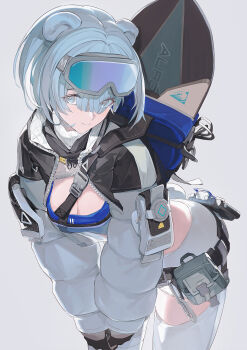 1girl animal_ears arknights arknights:_endfield aurora_(arknights) bear_ears bear_girl belt_pouch blue_eyes blue_hair breasts cleavage commentary_request cowboy_shot goggles goggles_on_head highres long_sleeves looking_at_viewer open_clothes pen_liangshui_po_ya_po pouch short_hair skateboard ski_goggles snowshine_(arknights) solo zipper