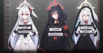 3girls :d ^_^ alternate_color alternate_costume alternate_hair_color arrest black_hair black_veil blood blood_on_face blue_archive closed_eyes commentary commission corset cosplay cropped_jacket dress english_commentary halo happy_birthday head_wings height_chart holding holding_sign justice_task_force_member_(blue_archive) justice_task_force_member_(blue_archive)_(cosplay) long_dress long_hair looking_to_the_side mugshot multiple_girls multiple_persona nun open_mouth red_eyes school_uniform sign single_head_wing sisterhood_member_(blue_archive) sisterhood_member_(blue_archive)_(cosplay) smile suzumi_(blue_archive) tah_noey tea_party_militant_(blue_archive) tea_party_militant_(blue_archive)_(cosplay) veil very_long_hair white_hair wings