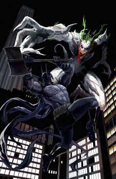 Rule 34 | 2boys, absolute batman, absolute dc, absurdres, axe, back spikes, bat mask, batman, batman (absolute dc), batman symbol, battle, battle axe, belt, bodysuit, cowl, dc comics, fighting stance, grey bodysuit, highres, holding, holding axe, huge weapon, monster, multiple boys, superhero costume, taut bodysuit, the joker, utility belt, weapon, yanmanxplore