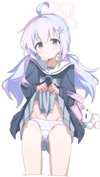 1girl :/ absurdres ahoge backpack bag bag_charm black_jacket black_necktie blue_archive blue_hair blush cameltoe charm_(object) closed_mouth clothes_lift commentary_request cropped_legs gluteal_fold grey_serafuku groin hair_ornament halo hands_up highres jacket lifting_own_clothes loli long_sleeves looking_at_viewer low_twintails minarin_(393939min) multicolored_hair necktie panties pink_hair purple_eyes purple_halo reisa_(blue_archive) sailor_collar school_uniform serafuku simple_background skirt skirt_lift solo star_(symbol) star_hair_ornament star_halo streaked_hair striped_clothes striped_panties sweatdrop thighs twintails two-tone_hair underwear white_background
