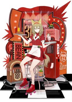 1girl animal_ear_fluff animal_ears apron arknights arrow_(symbol) bar_stool beanstalk_(arknights) brown_eyes brown_hair brown_tail buttons cactus character_name closed_mouth commentary_request dress food frilled_hairband frills full_body hair_between_eyes hairband highres holding holding_tray hot_dog ice_cream inline_skates jukebox k-yosinori ketchup_bottle kneehighs light_blush medium_hair mustard_bottle on_stool plant potted_plant red_dress red_hairband roller_skates short_dress short_sleeves sitting skates smile socks solo stool striped_clothes striped_dress tail tile_floor tiles tray vertical-striped_clothes vertical-striped_dress waist_apron white_apron white_socks