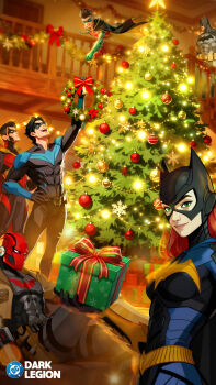 barbara_gordon bat_signal batgirl batman batman_(series) batman_symbol belt black_bodysuit black_gloves bodysuit box brown_jacket bruce_wayne christmas christmas_lights christmas_ornaments christmas_present christmas_tree christmas_wreath commentary cowl damian_wayne dc:_dark_legion dc_comics dick_grayson domino_mask english_commentary eye_mask full_body gift gift_box gloves grey_bodysuit highres jacket jason_todd male_focus mask multicolored_bodysuit muscular muscular_male nightwing official_art open_clothes pants pectorals red_hood_(dc) red_mask red_robin robin_(dc) short_hair superhero_costume taut_bodysuit tim_drake two-tone_bodysuit utility_belt wreath