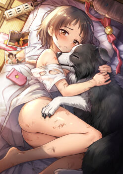 animal animal_hug ass bestiality black_hair bottomless bow brown_eyes bulborb cellphone chappy_(takopii_no_genzai) closed_mouth dog flip_phone frown futon kuze_shizuka loli looking_at_viewer lying medium_hair off_shoulder on_side phone photo_(object) pillow plastic_bottle q3660966 scratches scratching_ass shirt short_sleeves t-shirt takopii takopii_no_genzai white_shirt