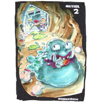 1girl 2boys akahanadragon artist_name ball_and_chain_restraint baseball_bat baseball_cap black_eyes black_hair blonde_hair blue_shorts border bottle_rocket bow bowtie cave cave_interior chasing commentary copyright_name creature doseisan dress factory formal_clothes full_body glasses green_jacket green_pants hair_bow hat highres holding holding_baseball_bat honey indoors industrial_pipe jacket jeff_andonuts looking_at_another looking_back master_belch master_belch_(mother_2) missile monster mother_(series) mother_2 multiple_boys ness_(mother_2) nib_pen_(medium) nintendo open_mouth pants paula_(mother_2) pen_(medium) pink_dress pink_shoes red_bow red_hat red_lips red_shoes running shirt shoes short_hair shorts sideways_hat slave slime_(creature) slime_(substance) sneakers solid_oval_eyes standing striped_clothes striped_shirt suit sweatdrop traditional_media trash_can tusks whiskers white_border white_shirt white_shoes yellow_shirt