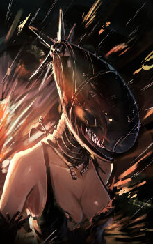 1girl absurdres apron black_apron black_gloves bomb_devil_(chainsaw_man) breasts chainsaw_man cleavage cokei elbow_gloves gloves highres medium_breasts object_head solo teeth