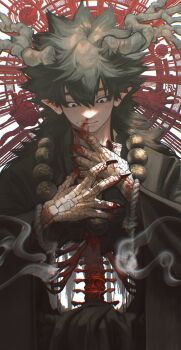 antlers bead_bracelet beads black_hair black_sclera blood blood_on_face blood_on_hands bracelet branch burning chromatic_aberration claws colored_sclera demon_boy hair_between_eyes heart highres horns industrial_pipe jewelry long_hair long_sleeves male_focus mechanical nosebleed original ribs rope smoke solo solo_focus spiked_hair spikes spine talons torn torn_clothes uraura_ura-chan white_eyes white_rope wide_sleeves