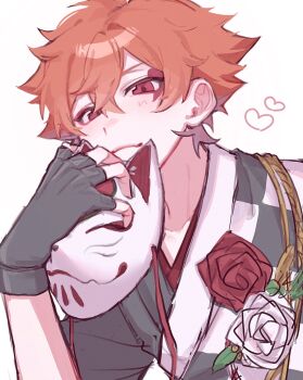 1boy a_dx0 ace_trappola black_gloves closed_mouth commentary english_commentary fingerless_gloves gloves heart highres holding holding_mask male_focus mask red_eyes red_hair smile solo twisted_wonderland white_background