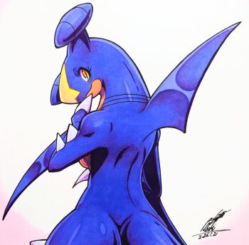 Rule 34 | 025aki, absurdres, blue skin, colored skin, commentary request, dated, garchomp, gen 4 pokemon, grey background, highres, looking at viewer, looking back, nintendo, no humans, orange eyes, pokemon, pokemon (creature), signature, solo, tail, upper body