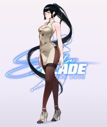 Rule 34 | 1girl, alternate hairstyle, bare arms, bare shoulders, breasts, cesar art456, china dress, chinese clothes, cleavage, dress, eve (stellar blade), full body, high heels, highres, long hair, moutan peony (stellar blade), official alternate costume, pantyhose, ponytail, print dress, simple background, solo, stellar blade