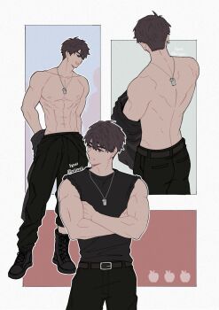 1boy abs apple belt belt_buckle black_belt black_boots black_pantyhose black_shirt blue_background boots border brown_hair buckle caleb_(love_and_deepspace) commentary cowboy_shot crossed_arms dog_tags food from_behind fruit full_body green_background hair_between_eyes highres love_and_deepspace male_focus multiple_views muscular muscular_male nijinoji pantyhose parted_lips red_background shirt short_hair sleeveless sleeveless_shirt solo symbol-only_commentary topless_male twitter_username white_border