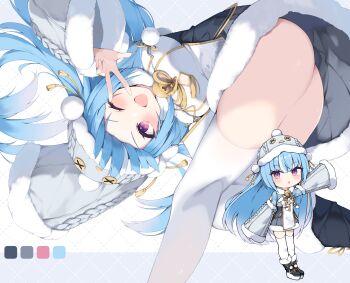 1girl ;d absurdres ass beanie bell black_boots blue_hair boots breasts chibi cleavage_cutout clothing_cutout color_guide commission fur-trimmed_boots fur-trimmed_headwear fur-trimmed_skirt fur-trimmed_sleeves fur_trim grey_hat grey_skirt grid_background hat highres jingle_bell long_hair long_sleeves medium_breasts multiple_views neck_bell nibiiro_shizuka one_eye_closed open_mouth original pleated_skirt purple_eyes skeb_commission skirt sleeves_past_fingers sleeves_past_wrists smile thighhighs thighhighs_under_boots very_long_hair white_thighhighs wide_sleeves