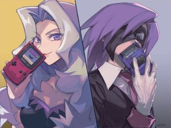 1boy 1girl black_jacket black_shirt blue_eyes collarbone collared_shirt commentary_request domino_mask eye_mask game_boy game_boy_color grey_hair hand_up handheld_game_console holding holding_handheld_game_console i_g1ax jacket karen_(pokemon) long_hair looking_at_viewer mask medium_hair necktie nintendo parted_lips pokemon pokemon_gsc purple_hair purple_necktie shirt sleeveless sleeveless_shirt smile split_screen white_shirt will_(pokemon)