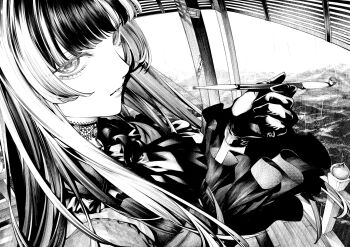 1girl black_gloves choker dress fence frilled_sleeves frills from_side gloves greyscale hand_up hime_cut holding holding_smoking_pipe hololive hololive_dev_is juufuutei_raden kiseru lace lace_choker lips long_hair long_sleeves looking_at_viewer monochrome multicolored_hair onigunsou outdoors parted_lips puffy_sleeves rain smoking_pipe solo two-tone_hair upper_body virtual_youtuber water wooden_fence