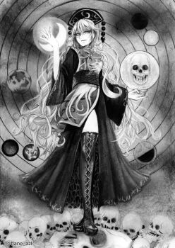 1girl boots closed_mouth commentary_request crescent_moon dalachi_(headdress) dress earth_(planet) floating_skull full_body greyscale hane_(azelye) highres junko_(touhou) long_hair looking_at_viewer monochrome moon planet sash skull smile solo standing tabard thigh_boots touhou