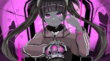 1girl absurdres blunt_bangs character_name closed_mouth commentary crown english_commentary hands_up heart high_collar highres hood hood_down hoodie indie_virtual_youtuber king_(vocaloid) kyoresu liquid looking_at_viewer monochrome pink_background pink_crown pink_eyes pink_theme slit_pupils smile solo sorashonoarts straight-on striped_clothes striped_hoodie twintails unworn_crown virtual_youtuber