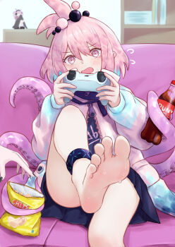 2girls absurdres arknights barefoot black_nails blue_hair blue_skirt chips_(food) cola colored_tips controller couch feet fingernails flying_sweatdrops food foot_focus game_controller gamepad highres holding holding_controller holding_game_controller infection_monitor_(arknights) jacket kirara_(arknights) long_fingernails long_sleeves miniskirt multicolored_hair multiple_girls nail_polish on_couch open_mouth pink_eyes pink_hair pink_jacket plastic_bottle playing_games potato_chips puffy_long_sleeves puffy_sleeves runyo_(yale12312) short_hair sitting skirt soles sweat tentacles toes two-tone_hair u-official_(arknights) utage_(arknights)