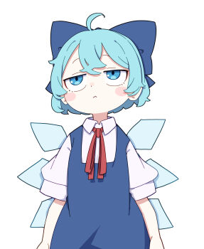 Rule 34 | 1girl, absurdres, ahoge, blue bow, blue dress, blue hair, blush stickers, bow, cirno, closed mouth, collared shirt, commentary request, double-parted bangs, dress, hair bow, highres, ice, ice wings, kame (kamepan44231), neck ribbon, pinafore dress, red ribbon, ribbon, shirt, short hair, short sleeves, simple background, sleeveless, sleeveless dress, solo, touhou, white background, white shirt, wings