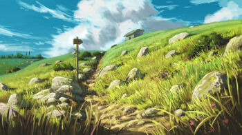 blue_sky building bush cloud cloudy_sky day grass highres hill landscape no_humans original outdoors path road rock scenery shack sign sky truong_truonkoi