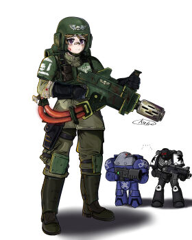 1girl 2boys adeptus_astartes armor astra_militarum bandaid bandaid_on_face bandaid_on_nose black_templars body_armor bolter cold_ice_(artist) flak_jacket full_armor full_body gun hatemonger_(space_king) helmet highres holding holding_bolter holding_gun holding_weapon jacket military_combat_uniform military_uniform multi-melta multiple_boys power_armor purity_seal space_king warhammer_40k weapon white_background