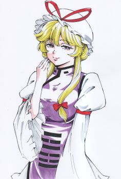 1girl commentary_request dress hair_between_eyes hair_bun hair_ribbon hand_to_own_mouth hat highres long_hair long_sidelocks long_sleeves looking_at_viewer mob_cap nail_polish purple_eyes purple_nails purple_tabard ribbon s590220 sidelocks smile solo tabard touhou traditional_media white_dress yakumo_yukari