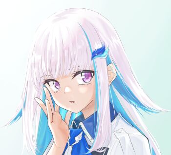 1girl aqua_background blue_hair blue_neckerchief colored_inner_hair commentary_request gradient_background hair_ornament hand_on_own_cheek hand_on_own_face hand_up highres lize_helesta lize_helesta_(1st_costume) long_hair long_sidelocks looking_at_viewer misoka_tan multicolored_hair neckerchief nijisanji open_mouth portrait purple_eyes sidelocks simple_background solo streaked_hair two-tone_hair virtual_youtuber white_hair
