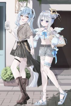 2girls absurdres ahoge amane_kanata bag belt black_bag black_belt black_bow black_ribbon black_skirt blue_bow blue_hair blue_nails blue_sandals blue_shirt blush boots bow brown_boots brown_jacket bush commentary_request criss-cross_straps cropped_jacket cropped_shirt cup day disposable_coffee_cup disposable_cup door elf full_body gold_halo grey_shorts hair_bow hair_bun hair_intakes hair_ornament hair_ribbon hairclip halo handbag happy heart heart_ahoge highres hololive jacket long_hair long_sleeves looking_at_another medium_hair multiple_girls nakatako1225 open_mouth outdoors pavement plant pointy_ears potted_plant purple_eyes ribbon sandals shirt shirt_bow shopping_bag shorts side_ponytail single_hair_bun single_hair_intake skirt stairs star_halo teeth thigh_belt thigh_strap upper_teeth_only virtual_youtuber walking white_hair white_shirt yellow_eyes yukihana_lamy