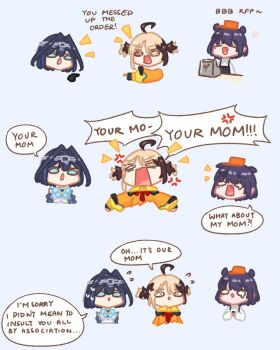 =_= ahoge alternate_costume anger_vein blonde_hair blue_eyes blue_hair bow brooch brown_hair commentary employee_uniform english_commentary fang gigi_murin gigi_murin_(1st_costume) hair_intakes hairband hat highres hololive hololive_english jewelry medium_hair mole mole_under_eye multicolored_hair ninomae_ina'nis open_mouth ouro_kronii ouro_kronii_(1st_costume) pointy_ears purple_hair sappysque smile streaked_hair tears tentacle_hair twintails virtual_youtuber