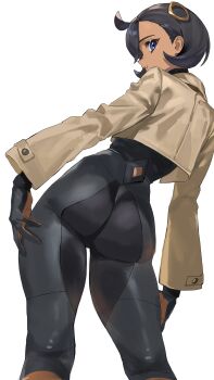 1girl absurdres ass black_bodysuit black_hair blue_eyes bodysuit bodysuit_under_clothes brown_jacket contrapposto cowboy_shot curvy emma_(pokemon) from_behind hair_ornament highres huge_ass jacket looking_at_viewer looking_back nintendo parted_lips pokemon pokemon_legends:_z-a shiny_clothes short_hair simple_background solo taiyang_yu white_background wide_hips