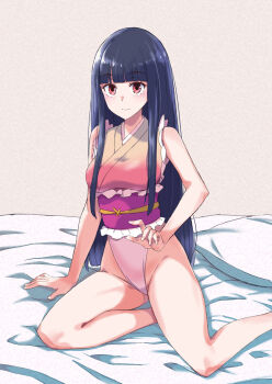 1girl adapted_costume arm_support black_hair commentary commission highres houraisan_kaguya jack_(wkm74959) leotard long_hair looking_at_viewer obi on_bed one-piece_swimsuit pillow pink_leotard pink_sash pixiv_commission red_eyes sash sidelocks sitting solo swimsuit touhou touhou_tag_dream yokozuwari