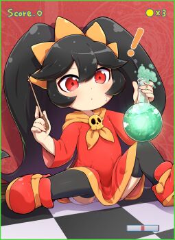 ! 1girl ashley_(warioware) black_hair black_thighhighs border bottle checkered_floor dress female_focus green_border hair_between_eyes hairband holding holding_bottle loli long_hair long_sleeves neckerchief nintendo orange_hairband panties potion red_dress red_footwear sidelocks sitting skull solo spread_legs sweatdrop thighhighs tokkyuu_mikan twintails underwear very_long_hair warioware wide-eyed wide_sleeves