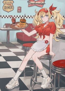 1girl blonde_hair blue_eyes brand_name_imitation budweiser burger checkered_floor collared_shirt cup diner drink drinking_glass employee_uniform food full_body gambier_bay_(kancolle) hat indoors kantai_collection long_hair mai_(maika_04) midriff red_hat red_shirt red_skirt shirt shoes sitting skirt sneakers socks solo stool tied_shirt twintails visor_cap white_shoes white_socks
