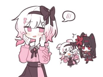 &gt;_&lt; 2girls animal_ears black_hair black_hairband black_shirt black_skirt book_off cat_ears chibi collared_shirt dog_ears fang gradient_hair hair_ornament hairband hands_up highres long_hair long_sleeves looking_at_another looking_at_viewer mahou_shoujo_no_majo_saiban multicolored_hair multiple_girls multiple_views nikaido_hiro official_alternate_costume open_mouth pink_eyes pink_hair pink_shirt red_eyes sakuraba_ema shirt short_hair simple_background skirt smile spoken_blush tsu_(21uwu_) white_background white_hair x_hair_ornament