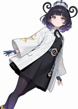 1girl belt beruka_(beruyon) black_hair black_pantyhose blunt_bangs bob_cut closed_mouth coat eyelashes gloves gradient_hair gwynn_(pokemon) hat highres long_sleeves multicolored_hair nintendo o-ring o-ring_belt open_clothes pantyhose partially_fingerless_gloves pokemon pokemon_legends:_z-a purple_eyes purple_hair short_hair white_coat