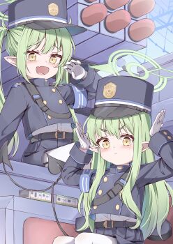 2girls absurdres blue_archive blue_hat blush closed_mouth day demon_tail gloves green_halo grey_hair halo hat highres hikari_(blue_archive) kyouwashi long_hair long_sleeves looking_at_viewer miniskirt multiple_girls nozomi_(blue_archive) open_mouth outdoors pantyhose pointy_ears school_uniform short_shorts shorts siblings sisters sitting skirt tail twintails white_gloves yellow_eyes