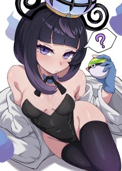 1girl ? absurdres black_leotard black_thighhighs blue_gloves blush coat covered_navel detached_collar gloves gradient_hair gwynn_(pokemon) hashira_14 hat highres holding holding_poke_ball leotard looking_at_viewer multicolored_hair nest_ball nintendo off-shoulder_coat off_shoulder partially_fingerless_gloves poke_ball pokemon pokemon_legends:_z-a purple_eyes purple_hair solo speech_bubble thighhighs white_coat