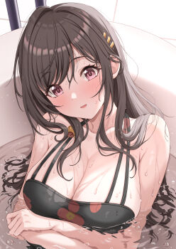 1girl absurdres armpit_crease arms_under_breasts bathing bathtub bikini black_bikini black_hair blush breasts cleavage collarbone commentary_request crossed_arms floral_print floral_print_bikini hair_intakes hair_ornament hairclip halterneck highres idolmaster idolmaster_shiny_colors large_breasts long_hair open_mouth partially_submerged print_bikini purple_eyes sidelocks solo sulgi_park swept_bangs swimsuit tsukioka_kogane wet