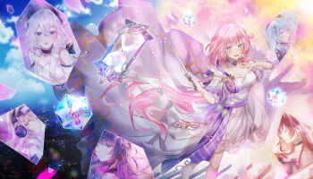 Rule 34 | 6+girls, absurdres, bare shoulders, blue eyes, blue hair, blue sky, breasts, bronya zaychik, cleavage, closed eyes, closed mouth, cloud, cloudy sky, commentary, crystal, dress, earrings, eden (honkai impact), elf, elysia (honkai impact), english commentary, glass shards, gloves, goggles, goggles on head, grey eyes, grey hair, griseo, griseo (starry impression), hata (ohataa0), headphones, highres, holding, holding wand, honkai (series), honkai impact 3rd, hourglass, jewelry, kiana kaslana, long hair, looking at viewer, multiple girls, musical note, pink hair, pointy ears, purple eyes, purple hair, raiden mei, shards, short sleeves, sky, wand, white dress, white gloves, white hair