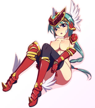 10s 1girl armor blue_eyes breasts caryo female_focus green_hair large_breasts long_hair mirim nanashino nipples no_bra no_panties queen&#039;s_blade queen&#039;s_blade_rebellion solo tears