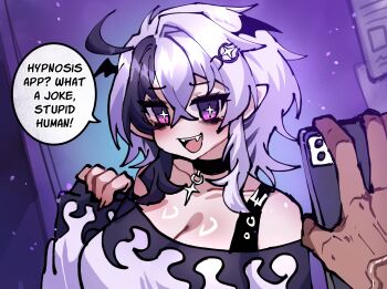 Rule 34 | 1boy, 1girl, bare shoulders, bat wings, black choker, black hair, black shirt, breasts, cellphone, choker, cleavage, commentary, crossed bangs, english commentary, english text, fangs, hair between eyes, hair ornament, hand up, highres, long sleeves, looking at viewer, medium hair, merryweather, multicolored hair, open mouth, original, osiimi, phone, pointy ears, pov, pov hands, purple eyes, purple hair, shirt, single hair intake, sleeves past wrists, smartphone, smile, solo focus, speech bubble, symbol-shaped pupils, talking, two-tone hair, two-tone shirt, upper body, viewer holding phone, white hair, white shirt, wings