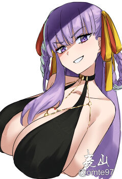 1girl absurdres bare_shoulders bb_(fate) bb_dubai_(fate) black_dress braid braided_hair_rings breasts cleavage dress eyeliner fate/grand_order fate_(series) grin hair_ribbon hair_rings highres jewelry large_breasts long_hair looking_at_viewer makeup necklace omte97 plunging_neckline purple_eyes purple_hair ribbon smile solo twin_braids very_long_hair yellow_ribbon