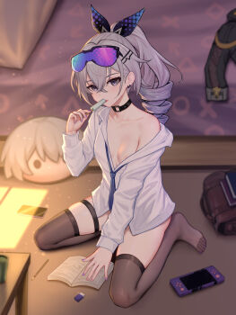 1girl absurdres alternate_costume black_choker black_thighhighs blue_necktie book breasts choker collarbone commentary_request drill_hair eraser eyewear_on_head food full_body goggles grey_eyes grey_hair hair_between_eyes hand_up handheld_game_console highres holding holding_food holding_popsicle honkai:_star_rail honkai_(series) indoors large_variant_set long_hair long_sleeves looking_at_viewer necktie nipples no_bra open_book parted_lips pencil popsicle purple_hair seiza shirt silver_wolf_(honkai:_star_rail) single_off_shoulder sitting small_breasts solo thigh_strap thighhighs variant_set white_shirt yunkaiming