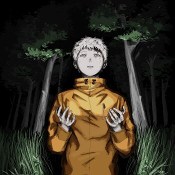 1boy blood blood_on_face commentary dark english_commentary forest highres hikaru_ga_shinda_natsu indou_hikaru_(human) kame_nyaka long_sleeves looking_up male_focus nature night pale_skin short_eyebrows short_hair solo standing sweat teeth upper_body white_hair zipper