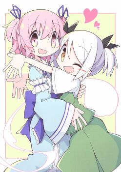 Rule 34 | 2girls, :d, alternate hairstyle, arm garter, asameshi, black ribbon, blue bow, blue kimono, blue ribbon, blush stickers, bow, commentary, commission, cowboy shot, eyes visible through hair, frilled shirt collar, frills, ghost, green skirt, green vest, hair between eyes, hair ribbon, hand on another's back, hand on another's hip, hat, heart, highres, hug, japanese clothes, kimono, konpaku youmu, konpaku youmu (ghost), long sleeves, looking at viewer, multiple girls, neck ribbon, one eye closed, open hands, open mouth, outstretched arms, pink eyes, pink hair, ribbon, saigyouji yuyuko, shirt, short hair, short sleeves, short twintails, simple background, skeb commission, skirt, skirt set, smile, standing, touhou, twintails, unworn hat, unworn headwear, vest, waist bow, white hair, white shirt, wide sleeves, yellow eyes