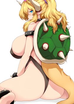 1girl armlet ass backless_leotard barefoot blue_eyes bowsette bracelet breasts from_behind hair_between_eyes high_ponytail highres horns jewelry large_breasts leotard lizard_tail looking_at_viewer mario_(series) new_super_mario_bros._u_deluxe nintendo parted_bangs pointy_ears ponytail shell sideboob simple_background soles solo spiked_armlet spiked_bracelet spiked_shell spikes tail tsukasawa_takamatsu turtle_shell wavy_hair white_background