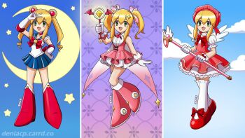 Rule 34 | 1girl, :d, android, armored boots, bare shoulders, bishoujo senshi sailor moon, blonde hair, blue skirt, blue sky, boots, bow, bowtie, cardcaptor sakura, cloud, cloudy sky, cosplay, cowboy shot, crescent moon, deniacp, diamond (shape), dress, elbow gloves, fake wings, frilled dress, frills, gloves, green eyes, halloween costume, halloween roll, hand up, happy, highres, holding, holding staff, holding wand, joints, kinomoto sakura, kinomoto sakura (cosplay), kinomoto sakura (magician), knee boots, leg up, long hair, looking at viewer, magical girl, mechanical boots, mechanical legs, mega man (classic), mega man (series), mega man x (series), mega man x dive, miniskirt, moon, notice lines, official alternate costume, open mouth, petticoat, pink boots, pink dress, pink ribbon, puffy short sleeves, puffy sleeves, red shoes, ribbon, robot girl, robot joints, roll (mega man), sailor fundoshi, sailor moon, sailor moon (cosplay), shoes, short dress, short sleeves, sidelocks, simple background, skirt, sky, smile, socks, solo, staff, star (sky), star (symbol), starry sky, twintails, wand, white gloves, white ribbon, white socks, wings