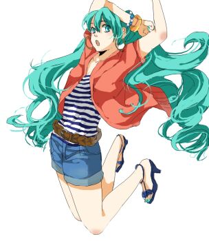 1girl aqua_eyes aqua_hair aqua_nails arms_up belt belt_buckle blue_shirt blue_shoes blue_shorts bracelet brown_belt buckle cardigan commentary_request earrings floating_clothes floating_hair full_body hatsune_miku hoop_earrings jewelry jumping long_hair looking_at_viewer looking_to_the_side notari open_mouth orange_cardigan shirt shoes short_sleeves shorts simple_background solo strappy_heels striped_clothes striped_shirt two-tone_shirt very_long_hair vocaloid white_background white_shirt