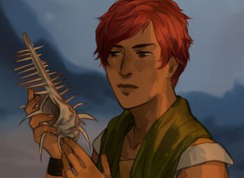 1boy arrapso bangle beach bracelet curly_hair dark-skinned_male dark_skin green_scarf highres holding holding_shell jewelry lake_of_voices looking_to_the_side lu_(lake_of_voices) male_focus messy_hair non-web_source official_art red_hair scarf shell shirt shore short_hair sidelighting smile solo upper_body variant_set white_shirt