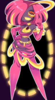 1girl black_skin blackhole_blitz boots breasts chibi cleavage colored_skin curvy gloves gooseworx highres large_breasts multicolored_hair orange_eyes original sharp_teeth short_hair solo tagme teeth thick_thighs thigh_boots thighhighs thighs two-tone_hair wide_hips